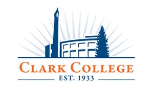 Clark College logo with a building and sun rays
