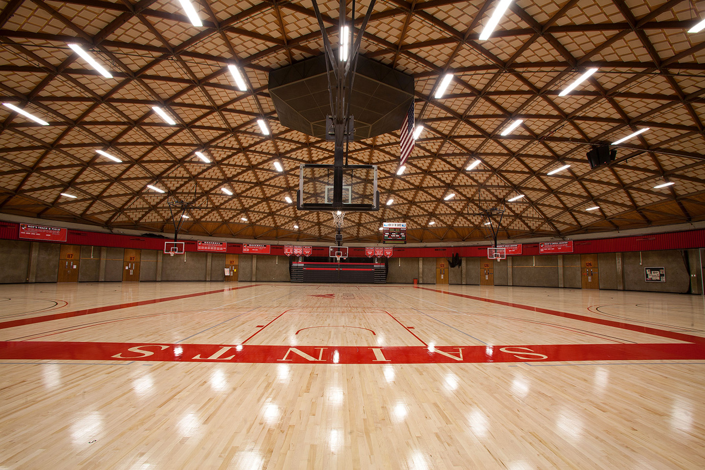 Basketball gym and the paint reads "Saints"